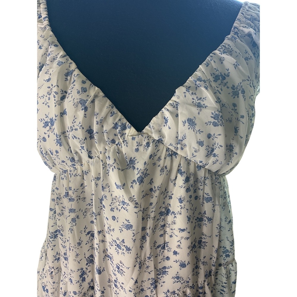 White Birch Floral Maxi Dress Blue White V-Neck Tiered Cottagecore Boho Large - Picture 3 of 4